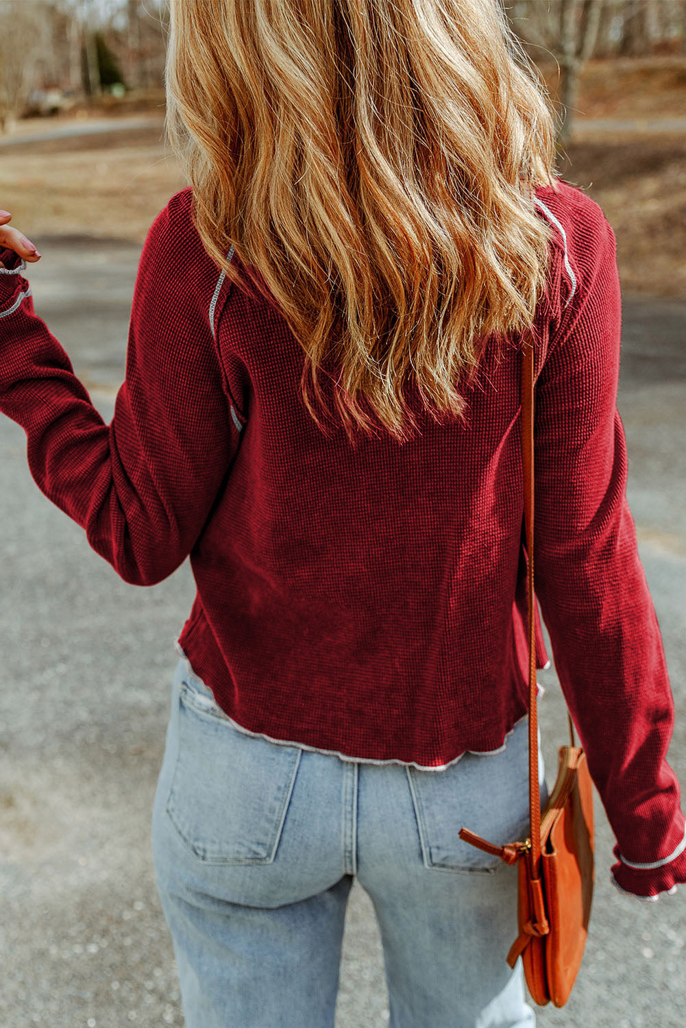Waffle Round Neck Long Sleeve Top