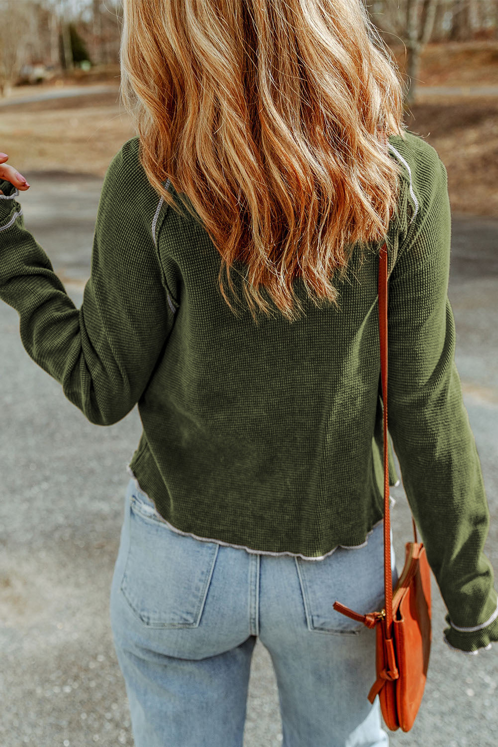 Waffle Round Neck Long Sleeve Top