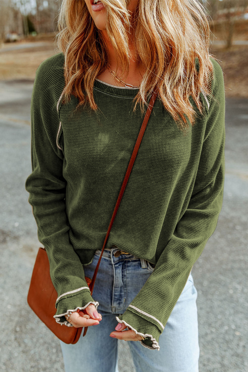 Waffle Round Neck Long Sleeve Top