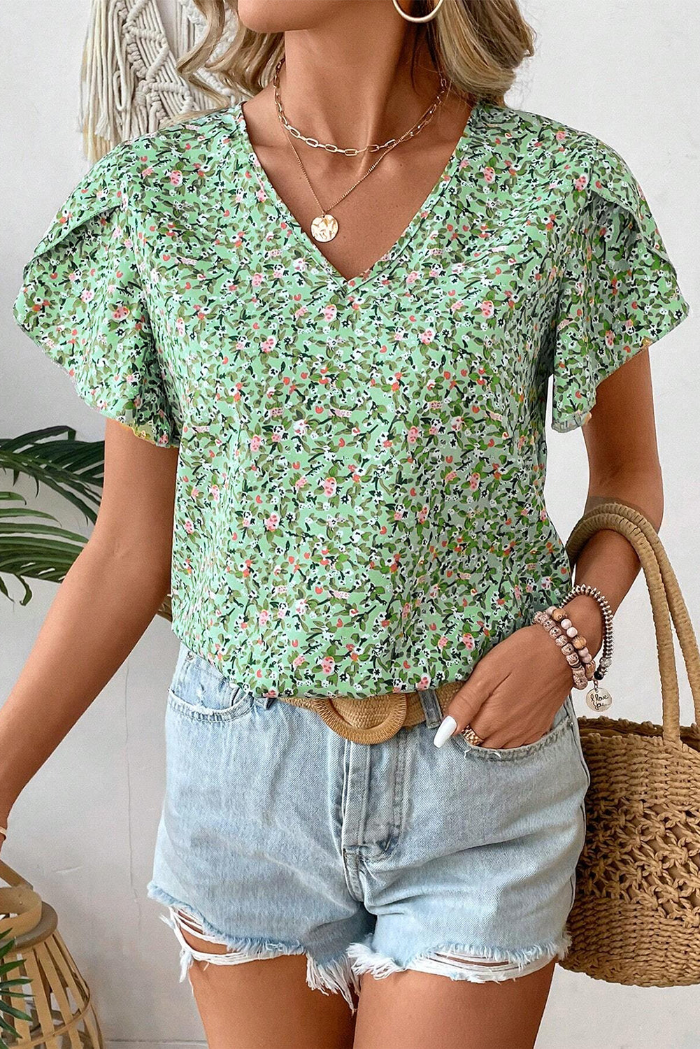 BOHO Floral Green V-Neck Wrap Blouse