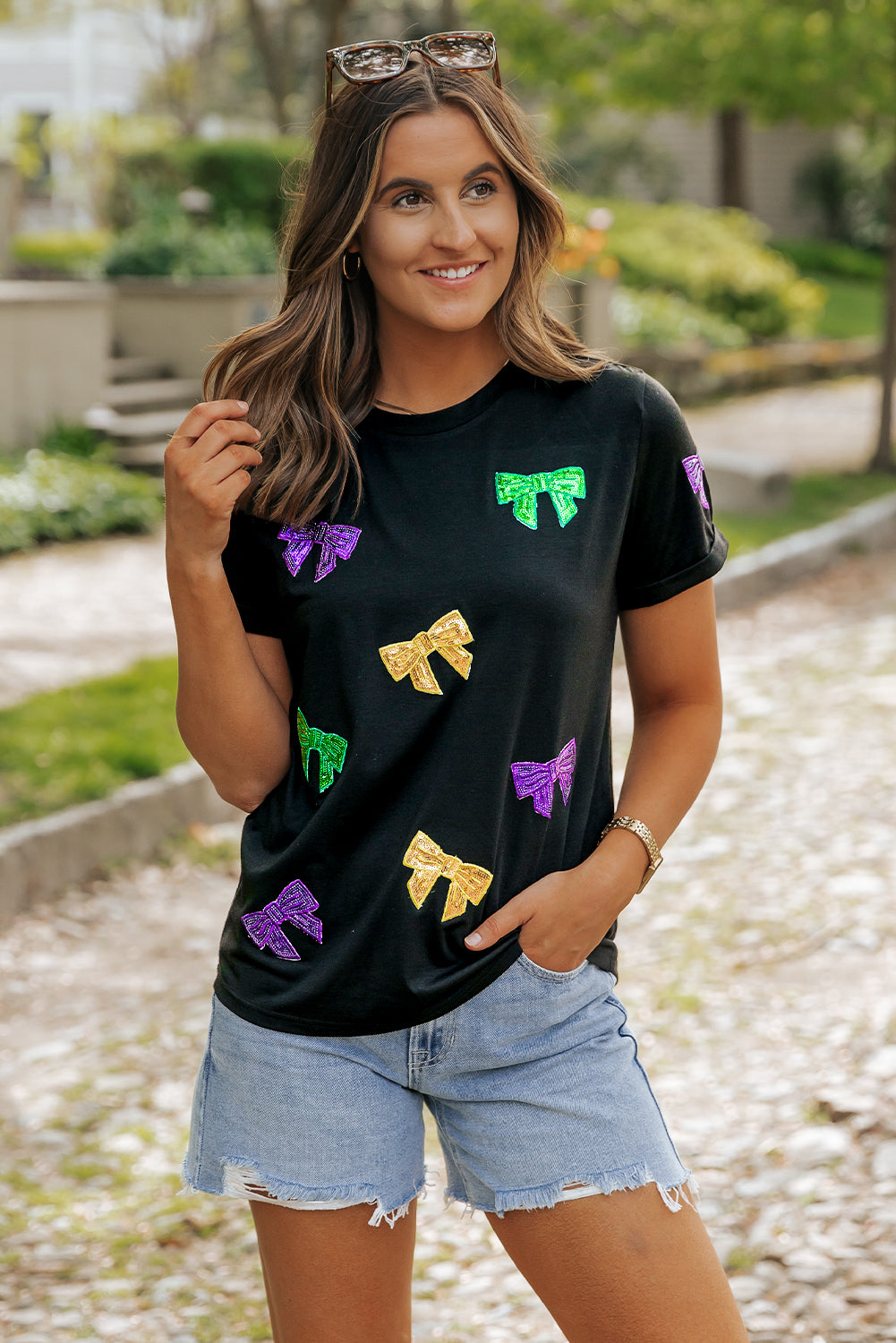Black MARDI GRAS Bow Knot Tee