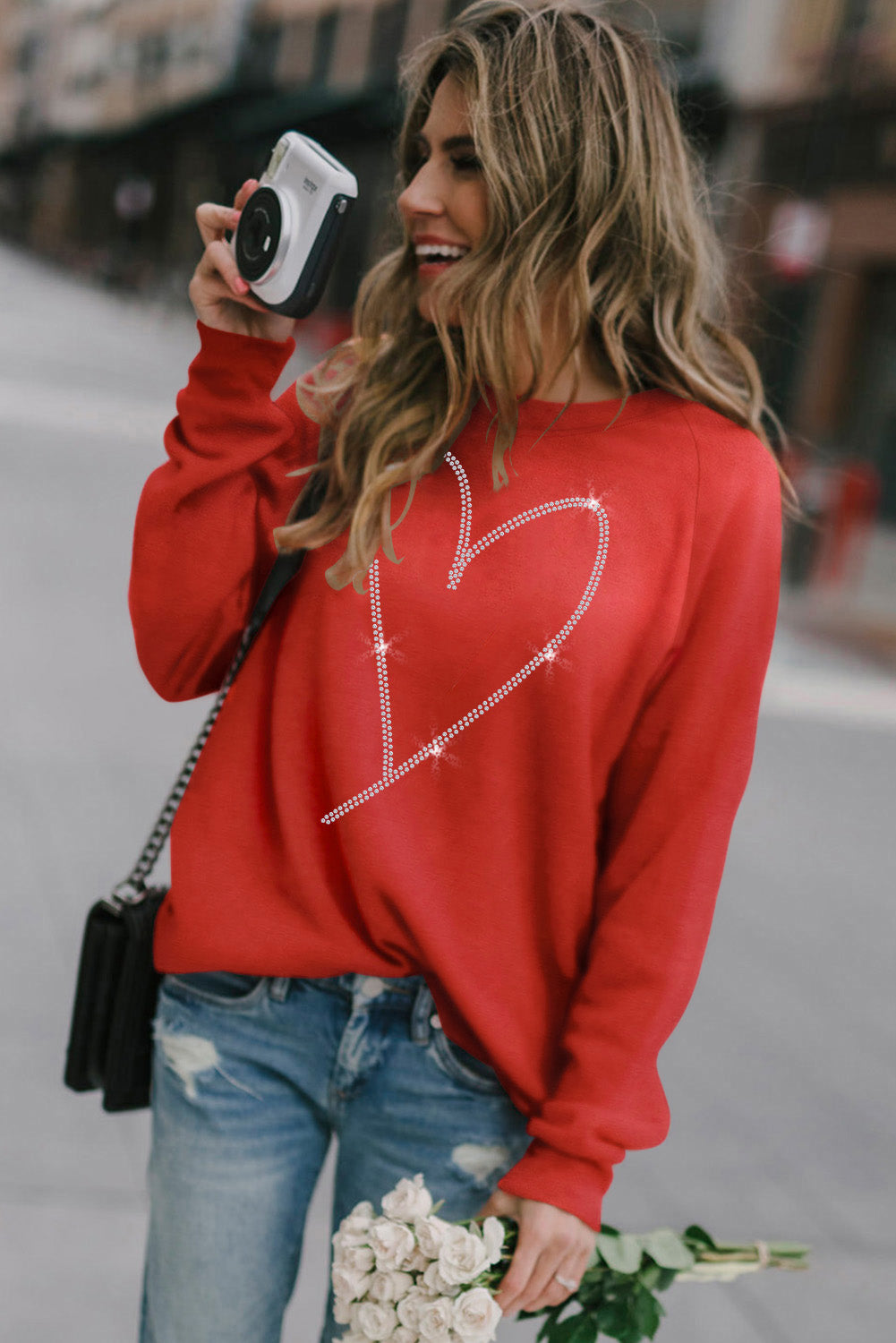 Red Rhinestone Heart Long Sleeve Sweatshirt