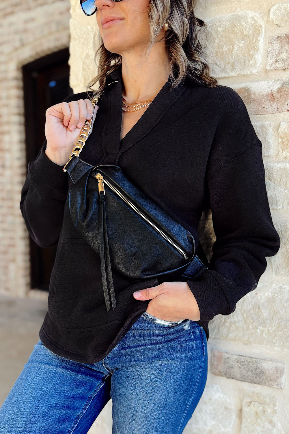 Soft V Neck Kangaroo Collared Pullover