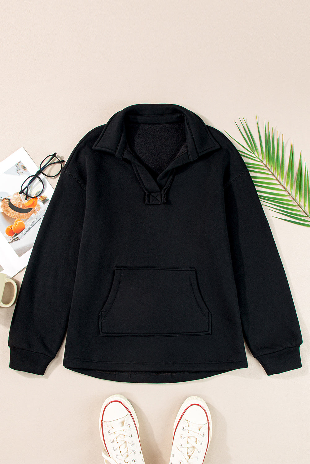 Soft V Neck Kangaroo Collared Pullover