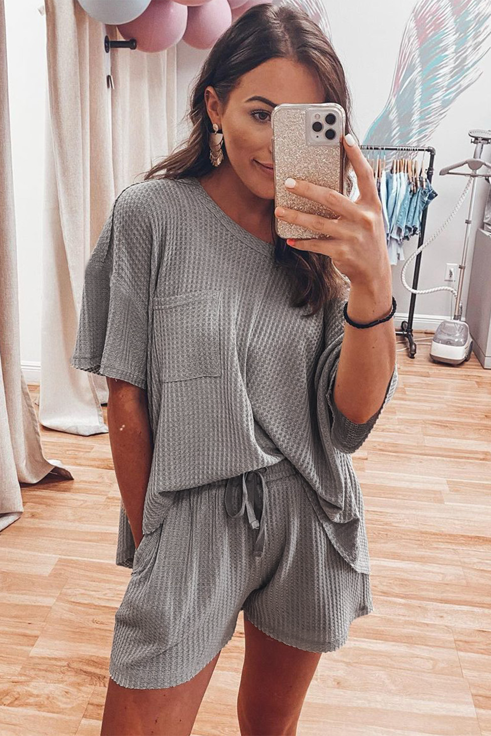 Gray Waffle Knit 2-piece set - Tee & Shorts