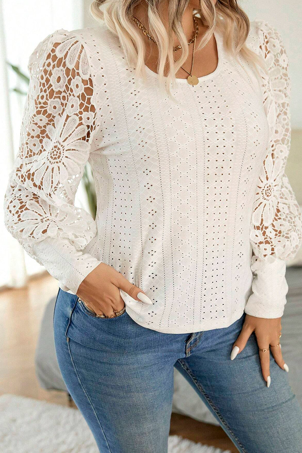 Floral Guipure Lace Long Sleeve Blouse - PS
