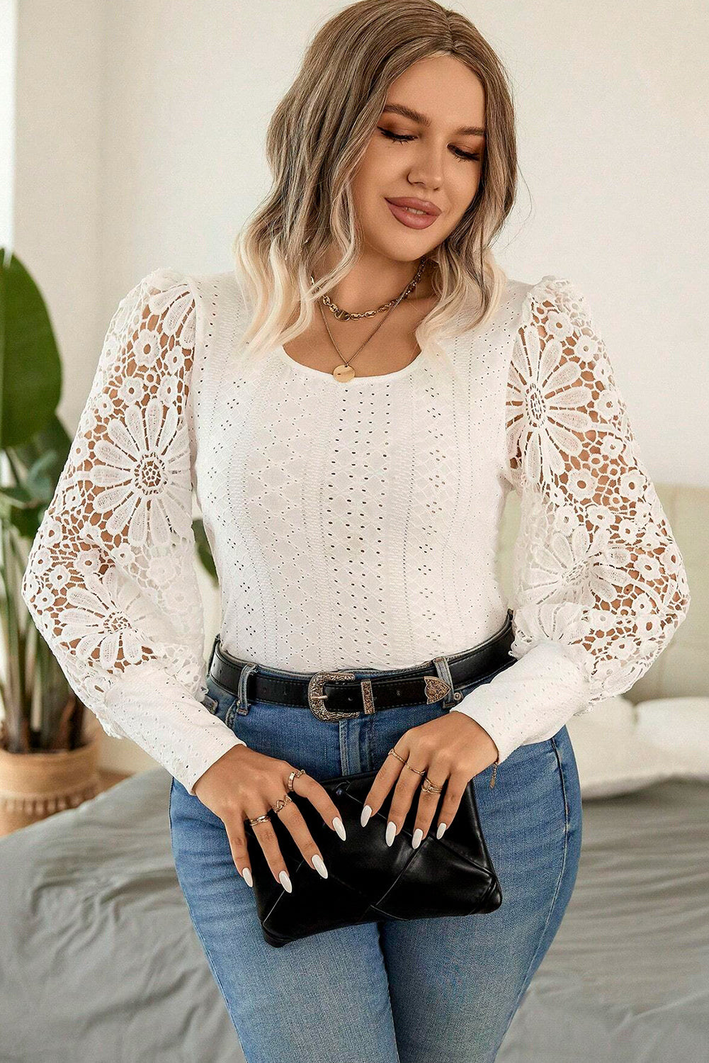 Floral Guipure Lace Long Sleeve Blouse - PS