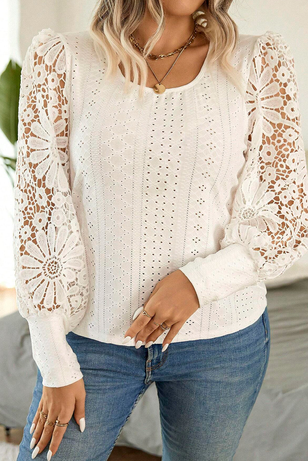 Floral Guipure Lace Long Sleeve Blouse - PS