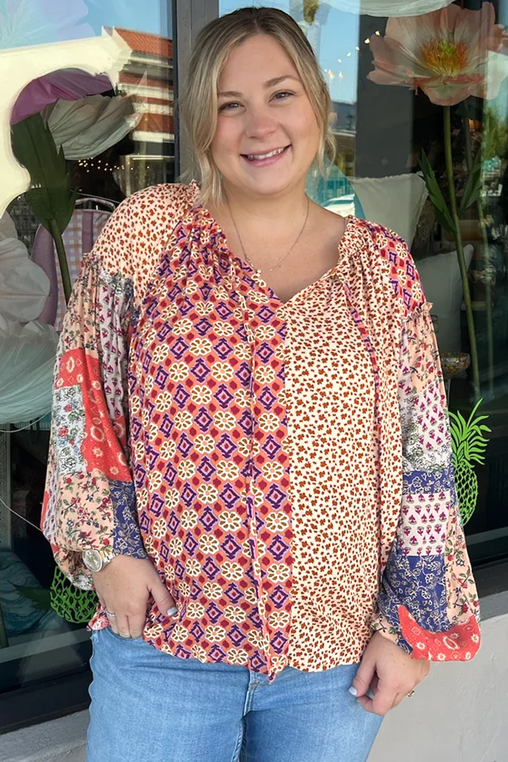 Orange Floral Patchwork Lace-up Blouse - PS