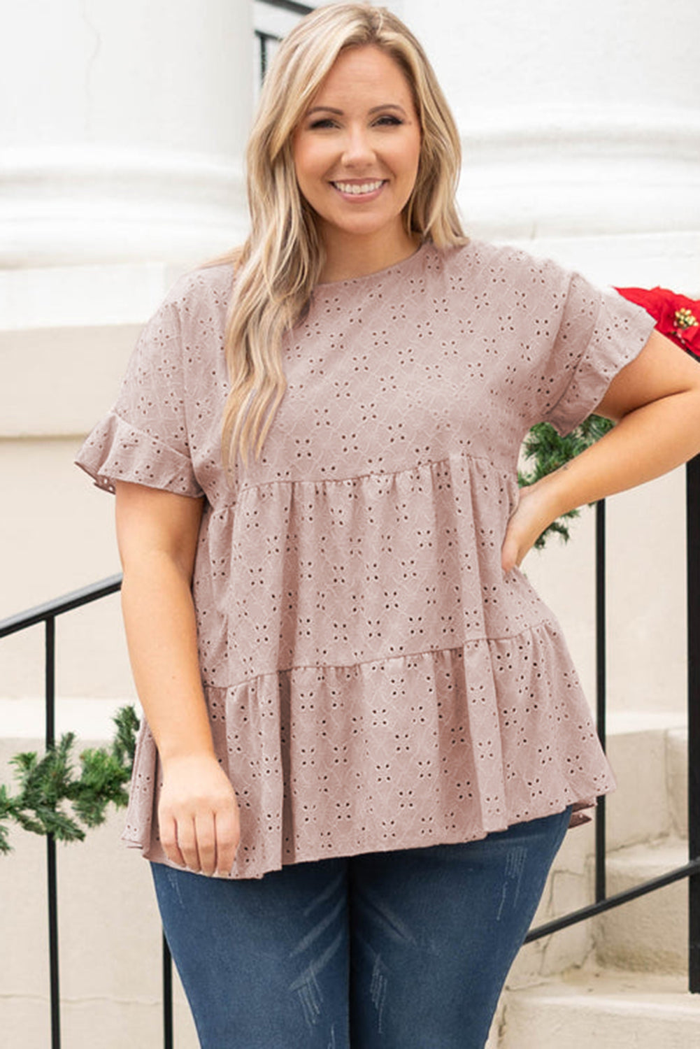 Eyelet Ruffle Sleeve Babydoll Top - PS