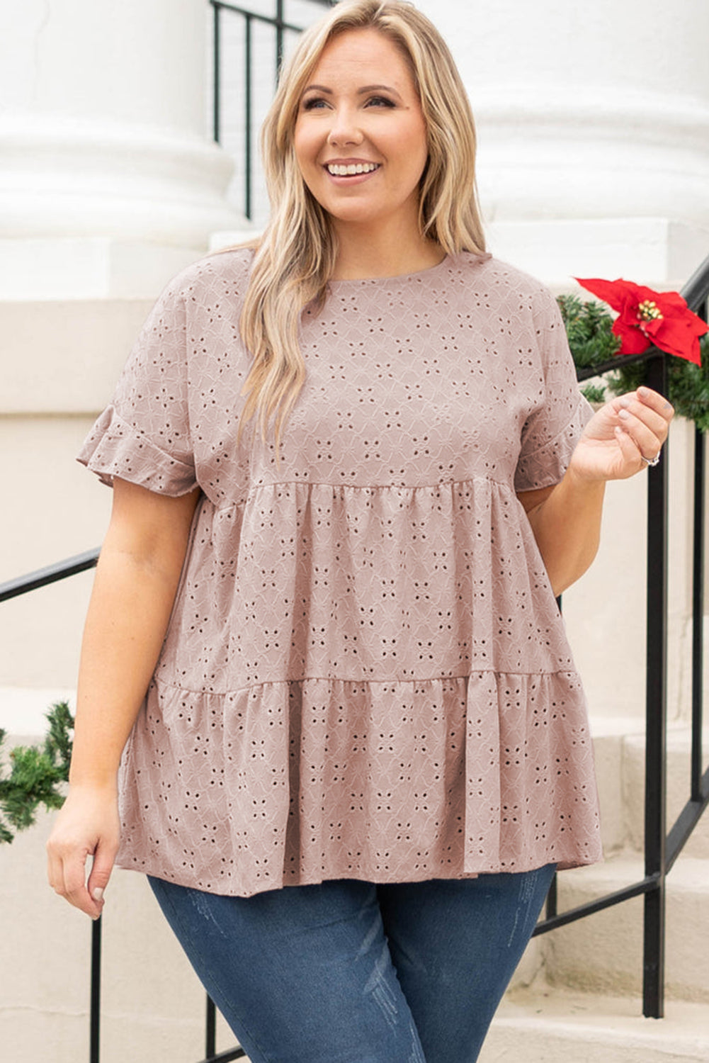 Eyelet Ruffle Sleeve Babydoll Top - PS