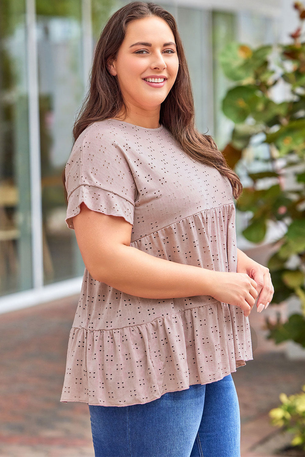 Eyelet Ruffle Sleeve Babydoll Top - PS