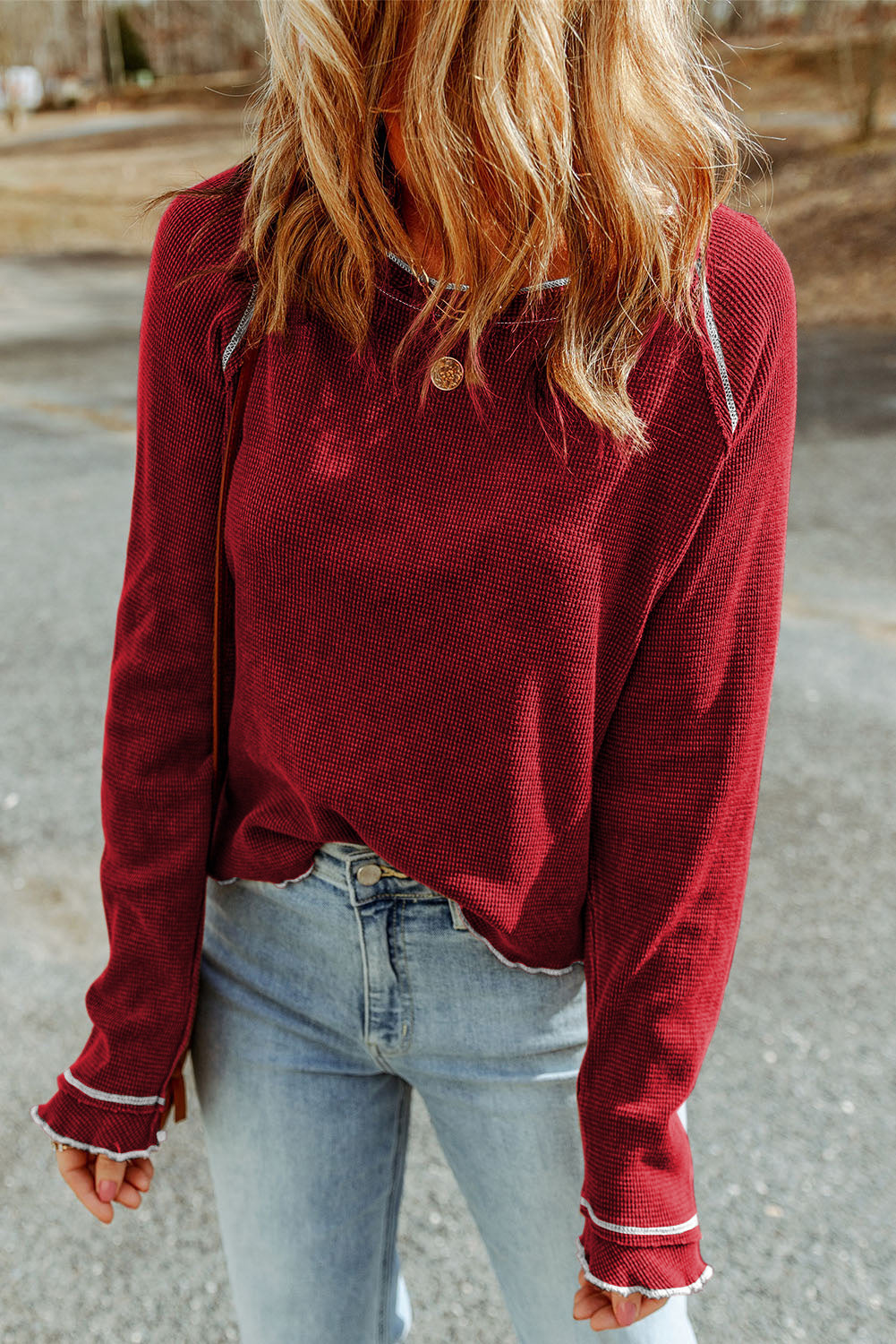 Waffle Round Neck Long Sleeve Top