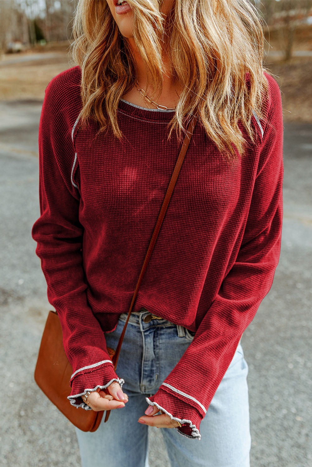 Waffle Round Neck Long Sleeve Top