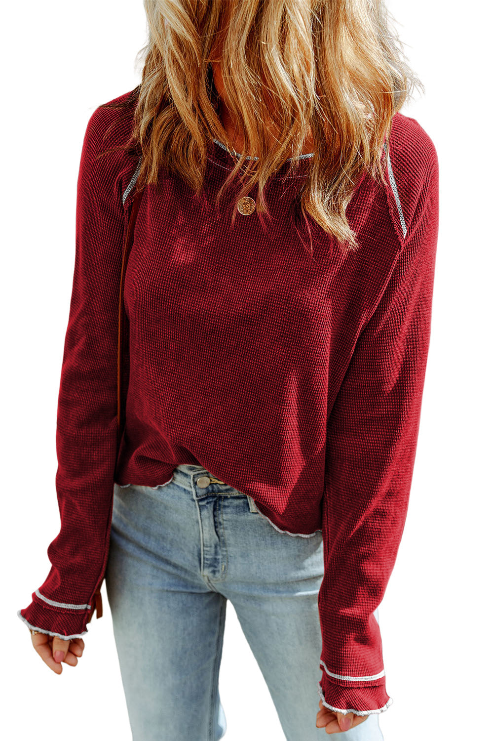 Waffle Round Neck Long Sleeve Top