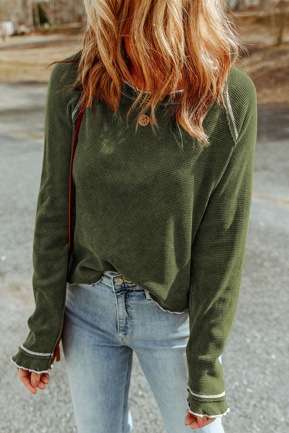 Waffle Round Neck Long Sleeve Top