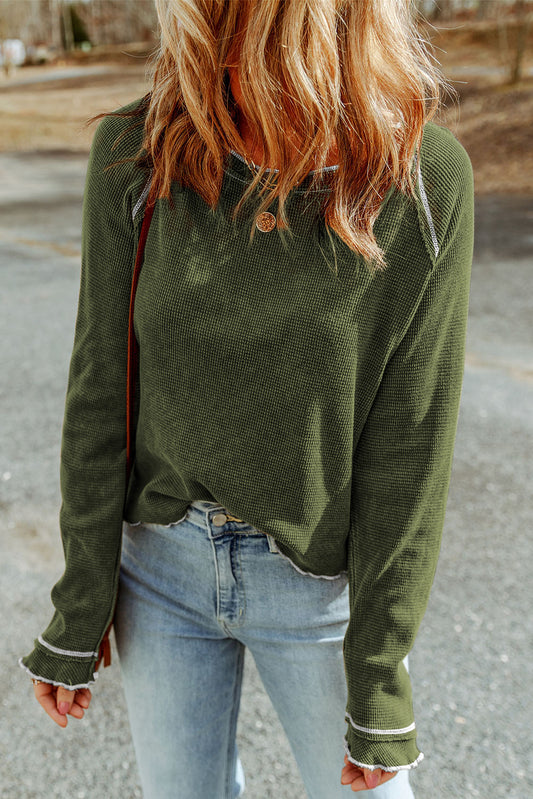 Waffle Round Neck Long Sleeve Top