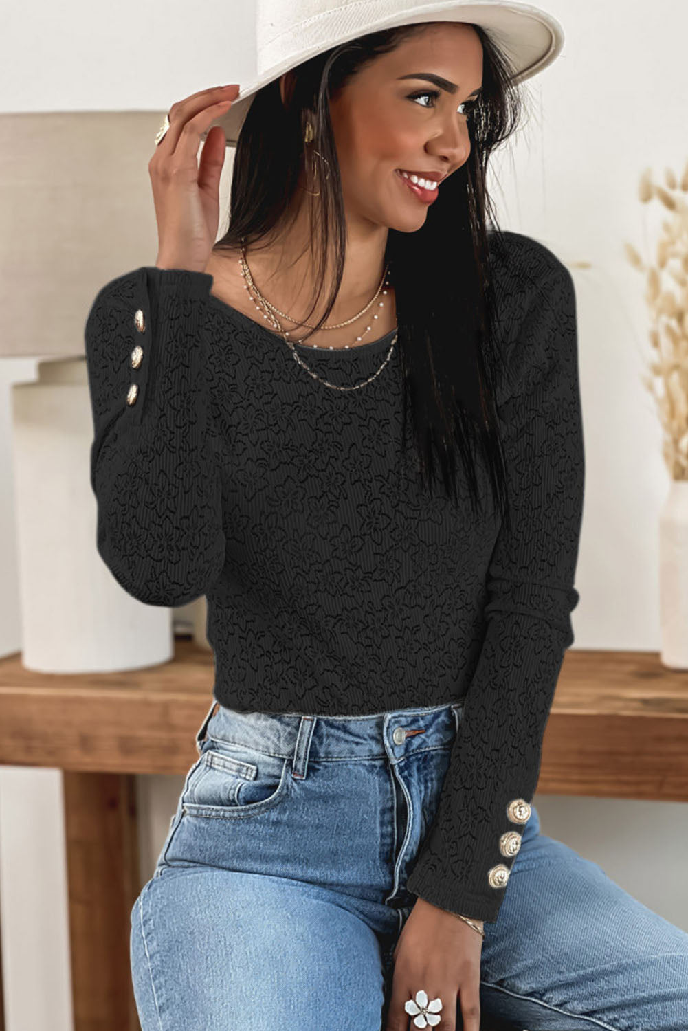 Floral Lace Bodysuit with Gold Buttons