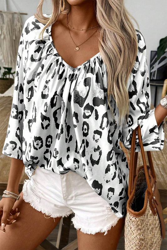 Leopard Ruched V-Neck Blouse