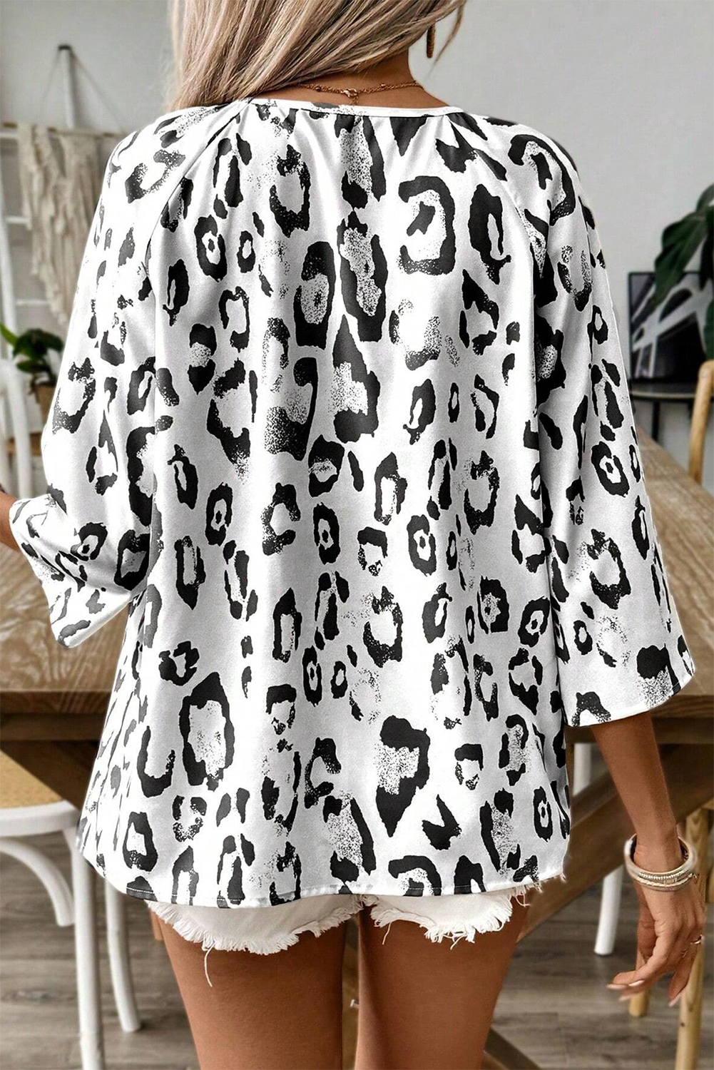 Leopard Ruched V-Neck Blouse