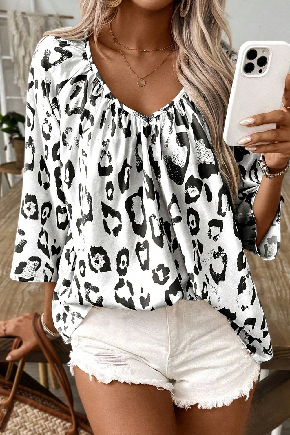 Leopard Ruched V-Neck Blouse