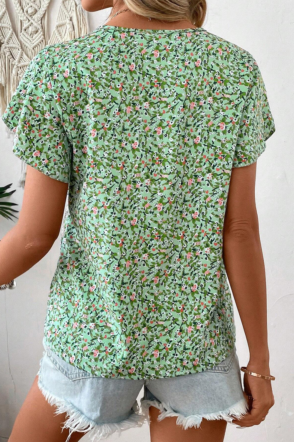 BOHO Floral Green V-Neck Wrap Blouse