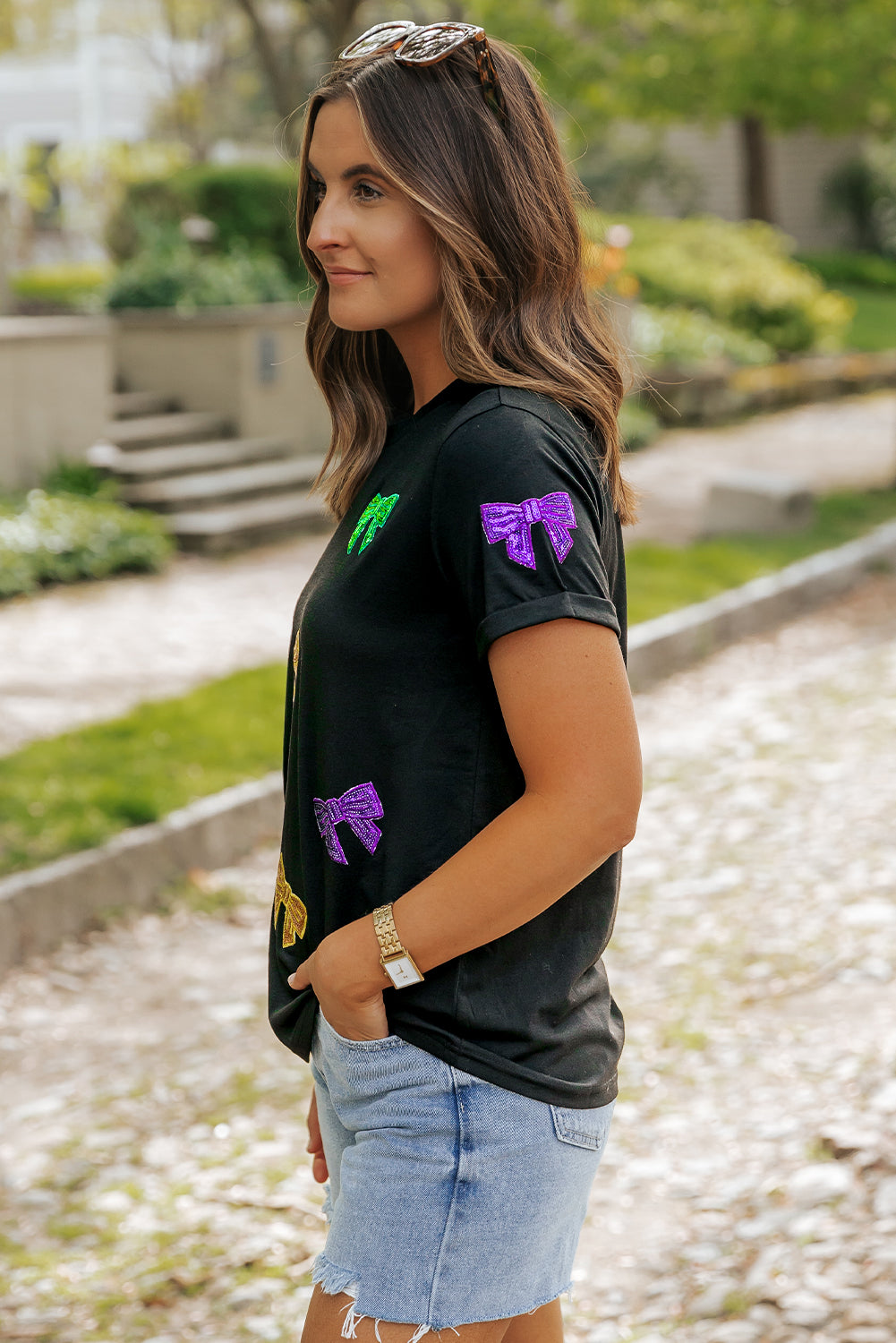 Black MARDI GRAS Bow Knot Tee
