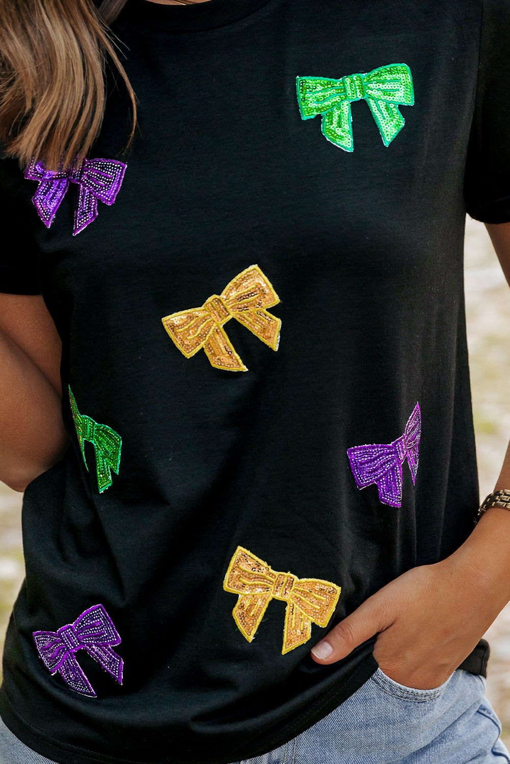 Black MARDI GRAS Bow Knot Tee