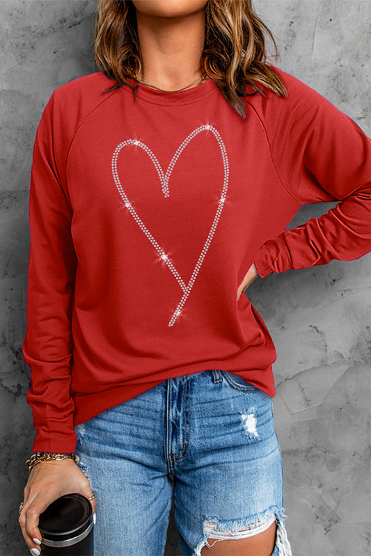 Red Rhinestone Heart Long Sleeve Sweatshirt