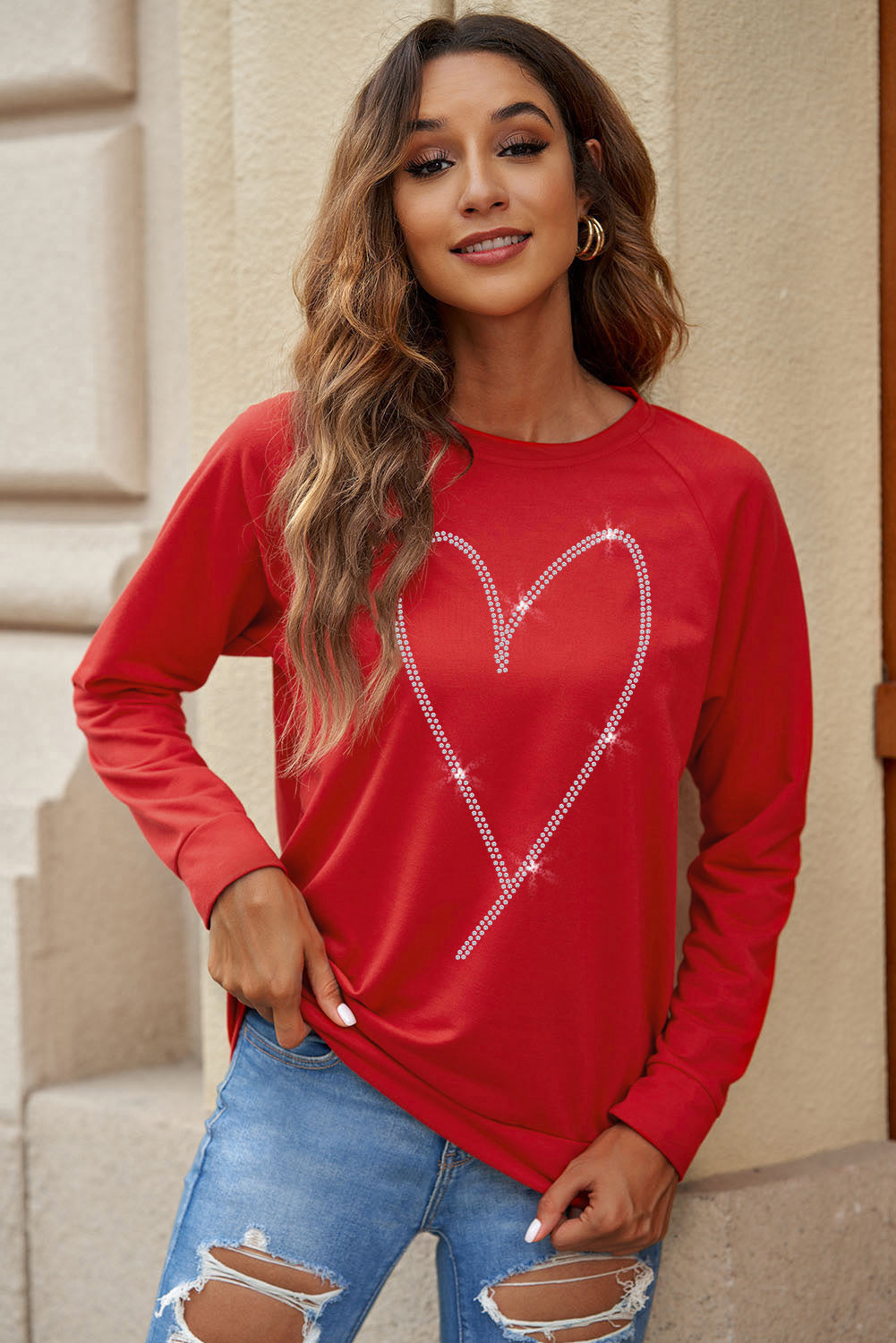 Red Rhinestone Heart Long Sleeve Sweatshirt
