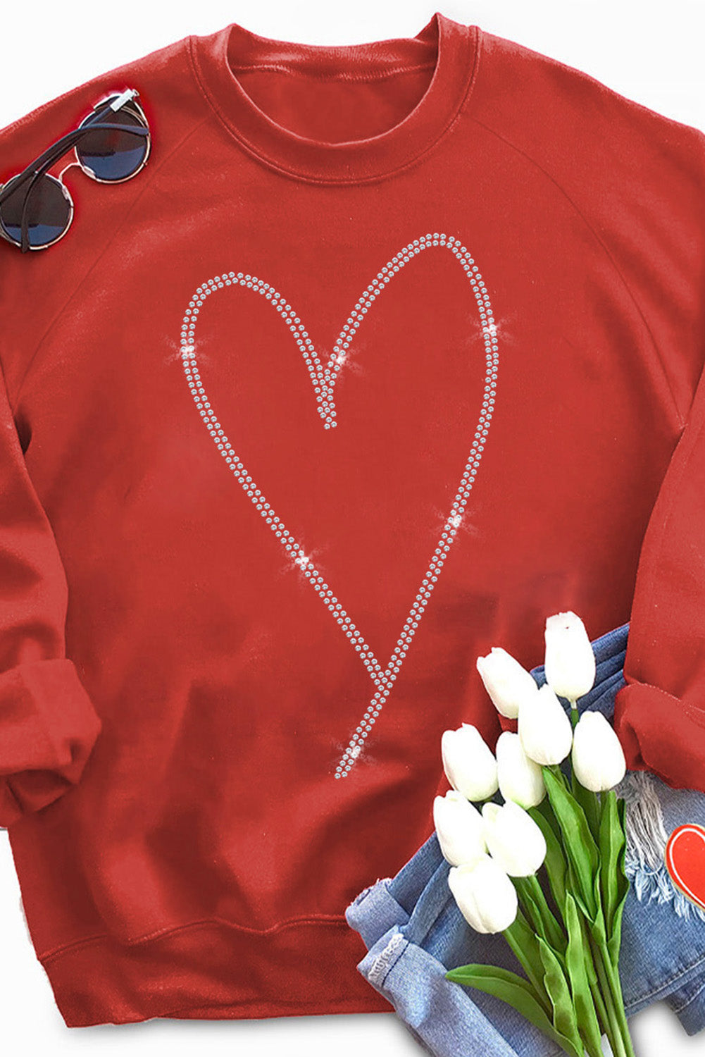 Red Rhinestone Heart Long Sleeve Sweatshirt
