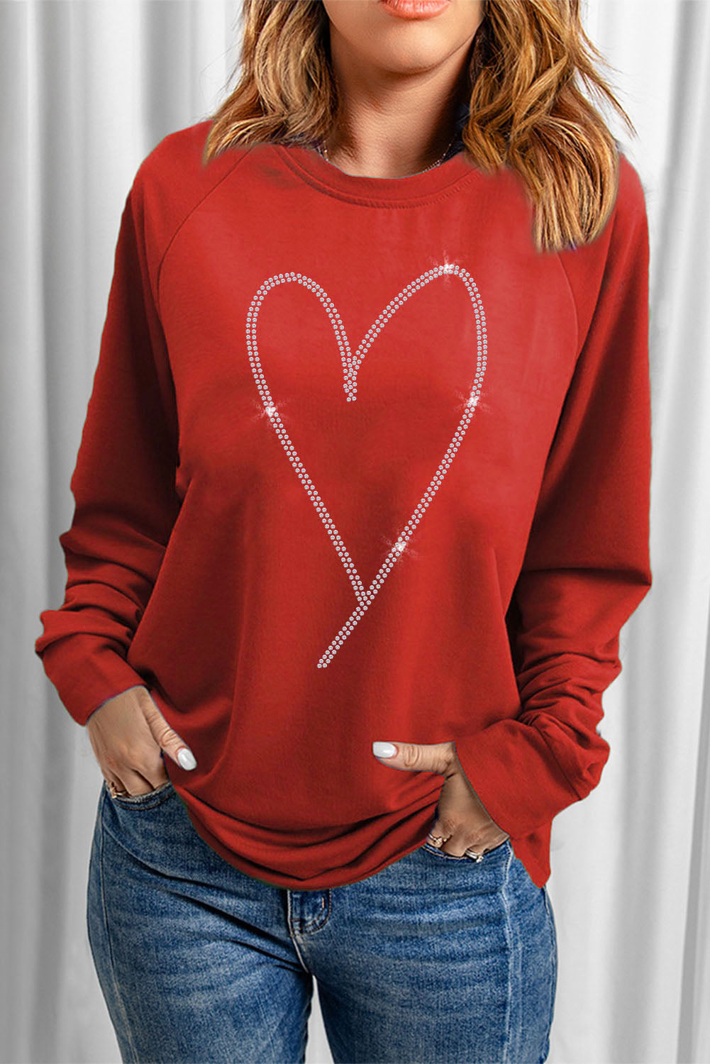 Red Rhinestone Heart Long Sleeve Sweatshirt