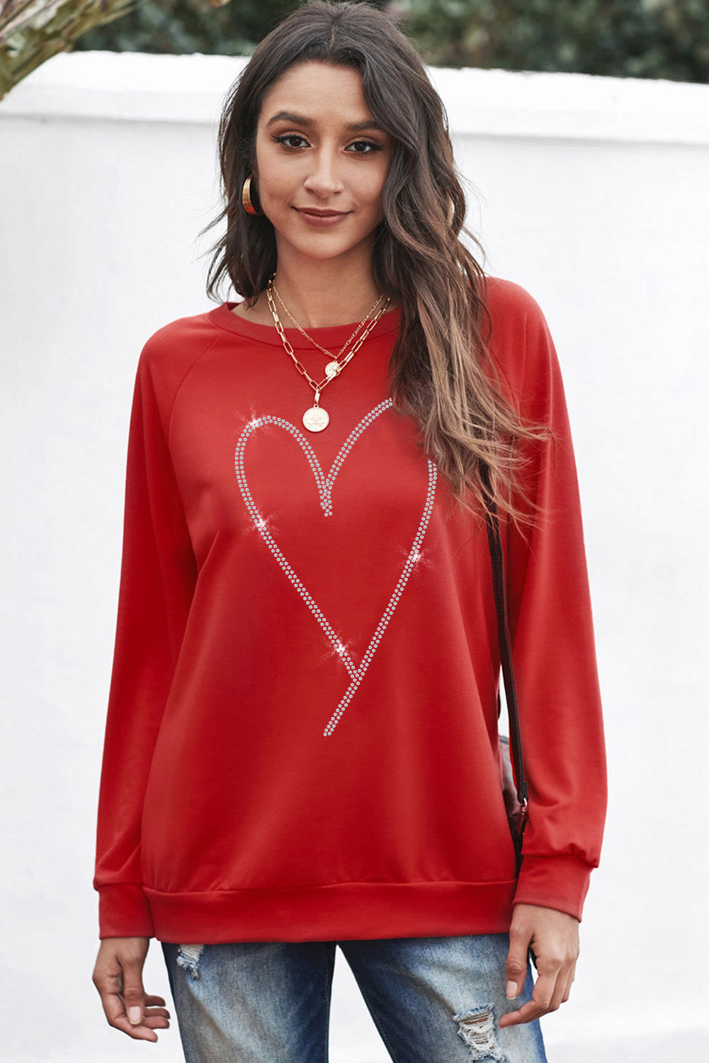Red Rhinestone Heart Long Sleeve Sweatshirt