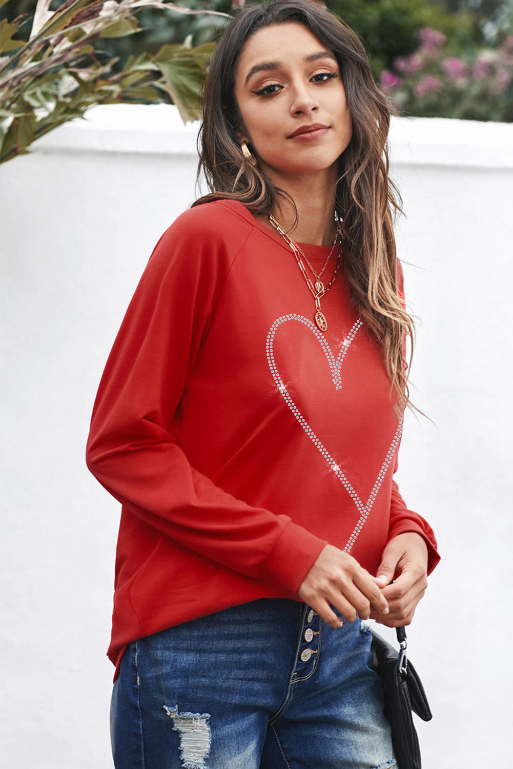 Red Rhinestone Heart Long Sleeve Sweatshirt