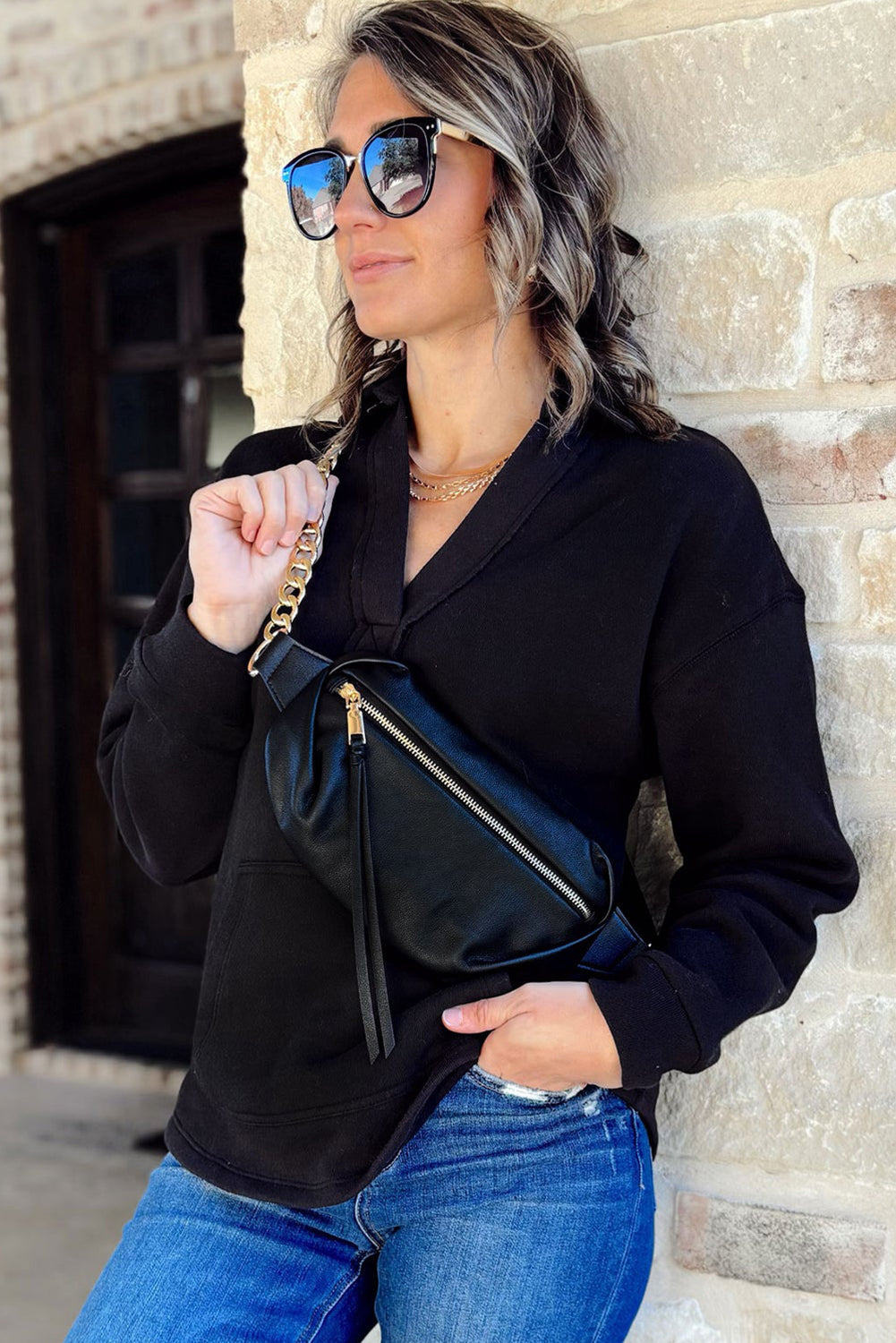 Soft V Neck Kangaroo Collared Pullover