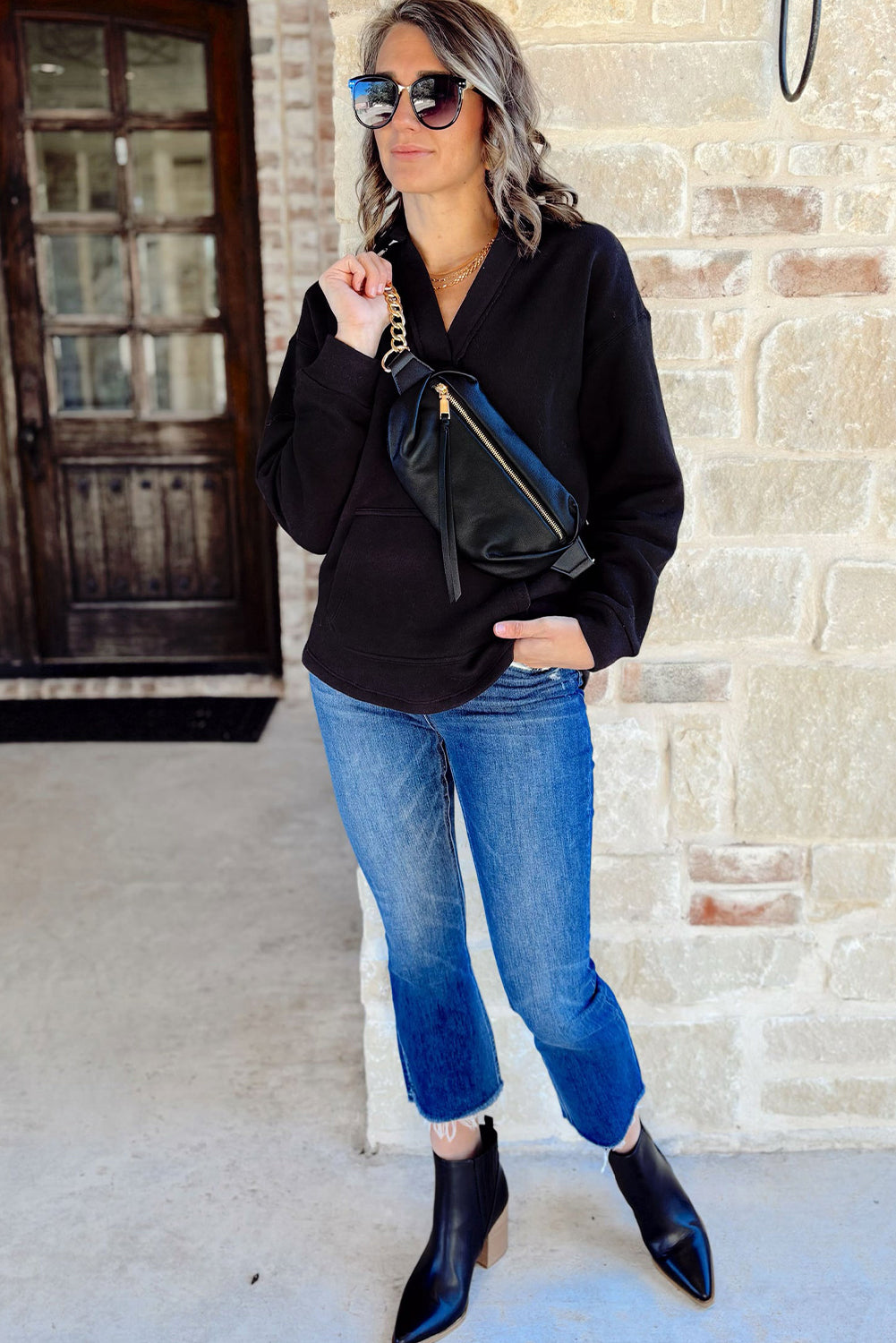 Soft V Neck Kangaroo Collared Pullover