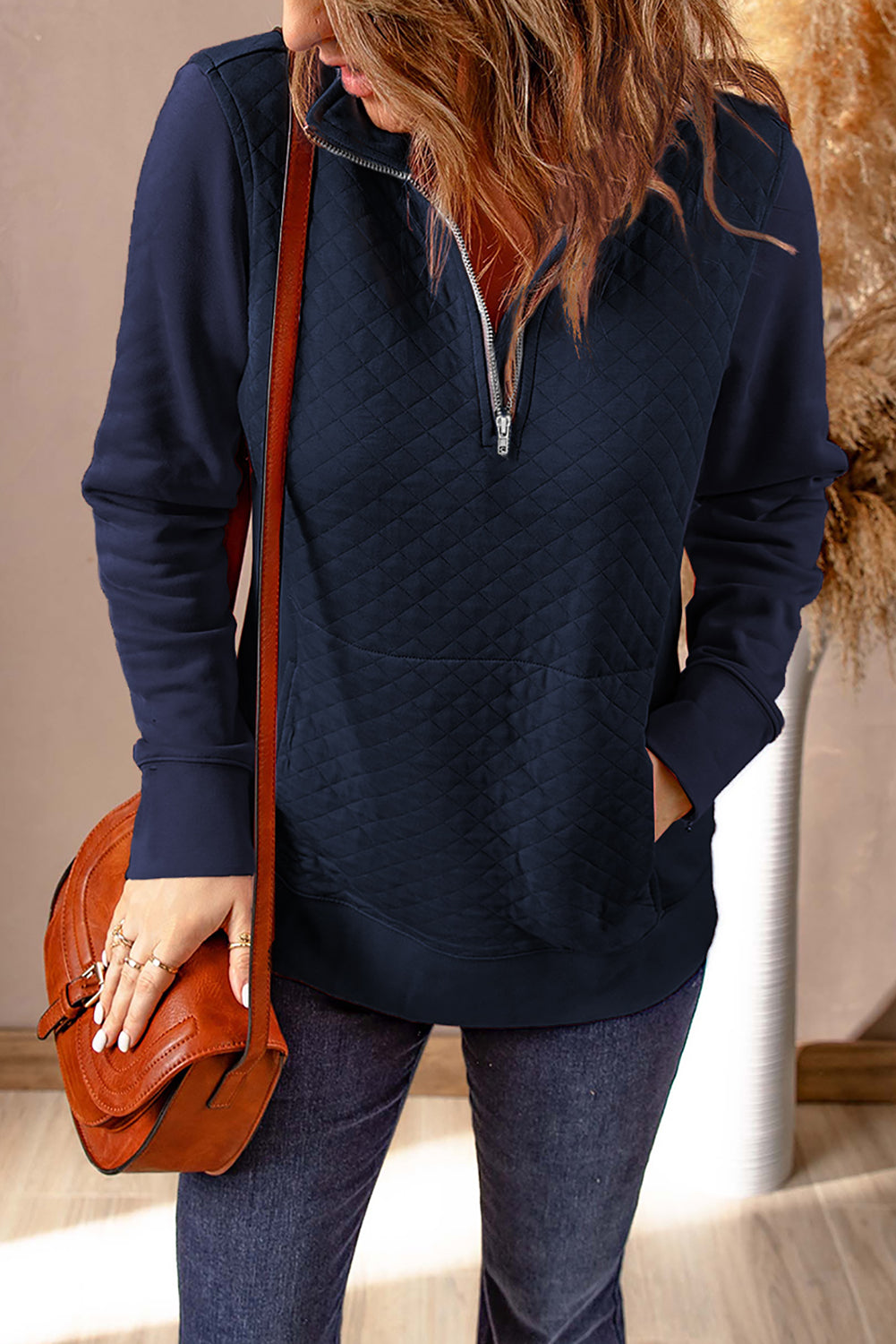 Navy Waffle Zip up Pullover