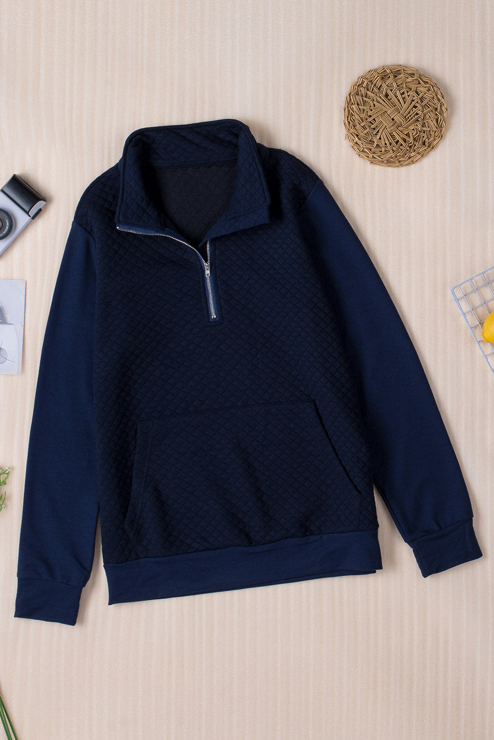 Navy Waffle Zip up Pullover