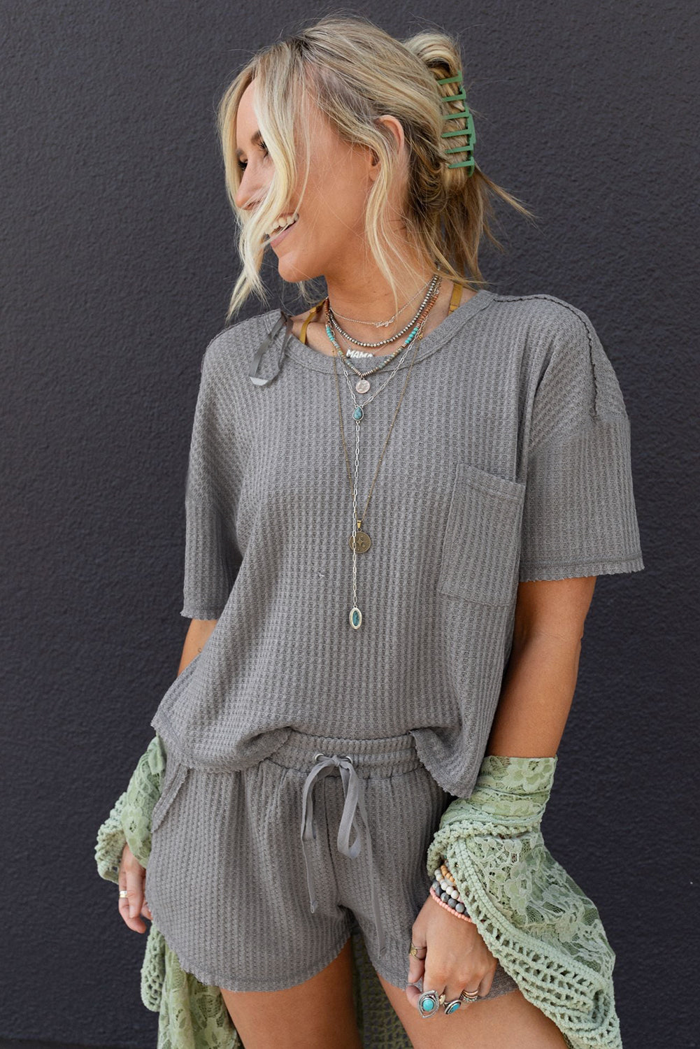 Gray Waffle Knit 2-piece set - Tee & Shorts