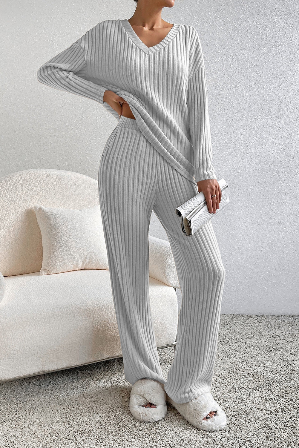 Ribbed Knit Slouchy 2-piece Long Sleeve & Pant Outfit - S2