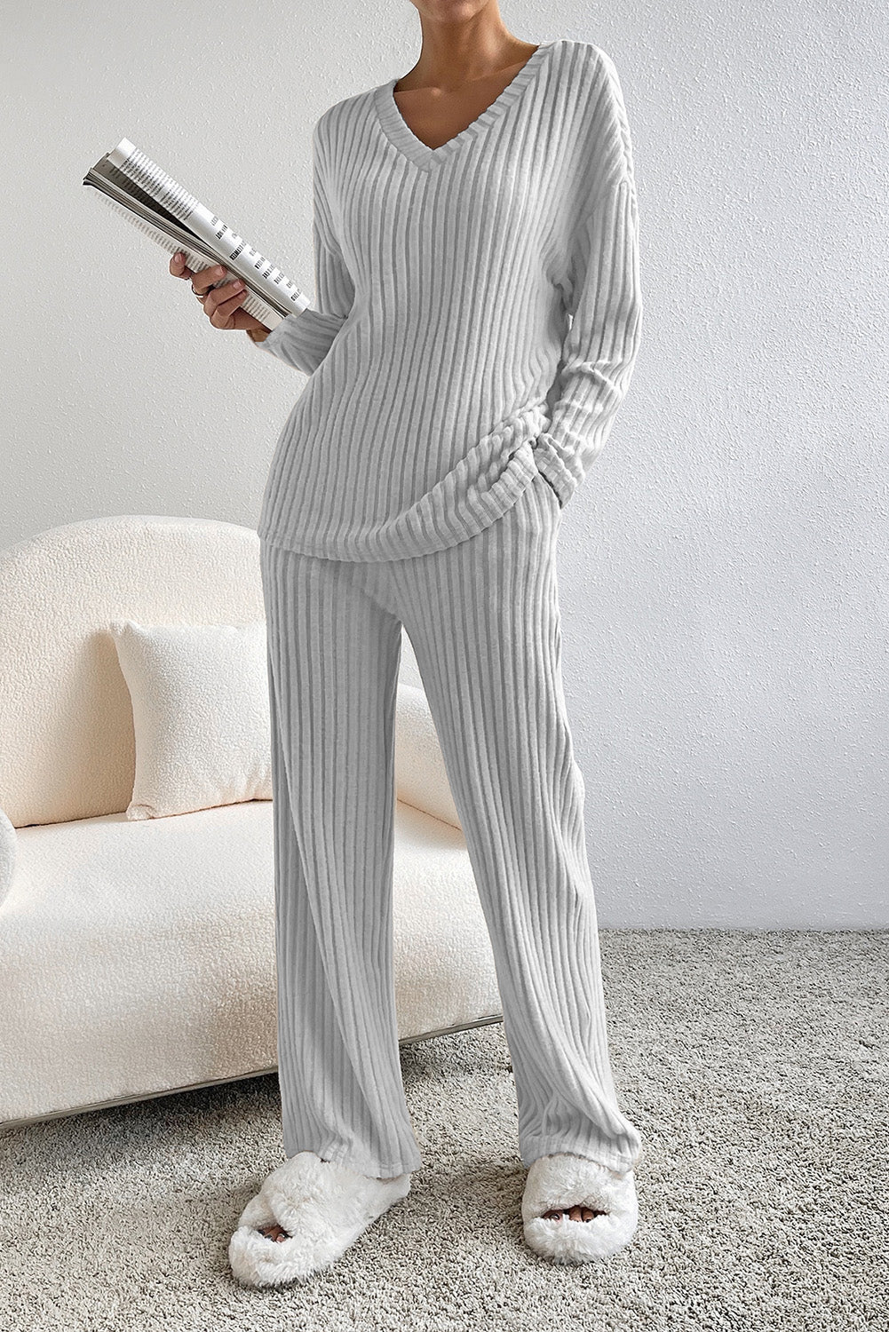 Ribbed Knit Slouchy 2-piece Long Sleeve & Pant Outfit - S2