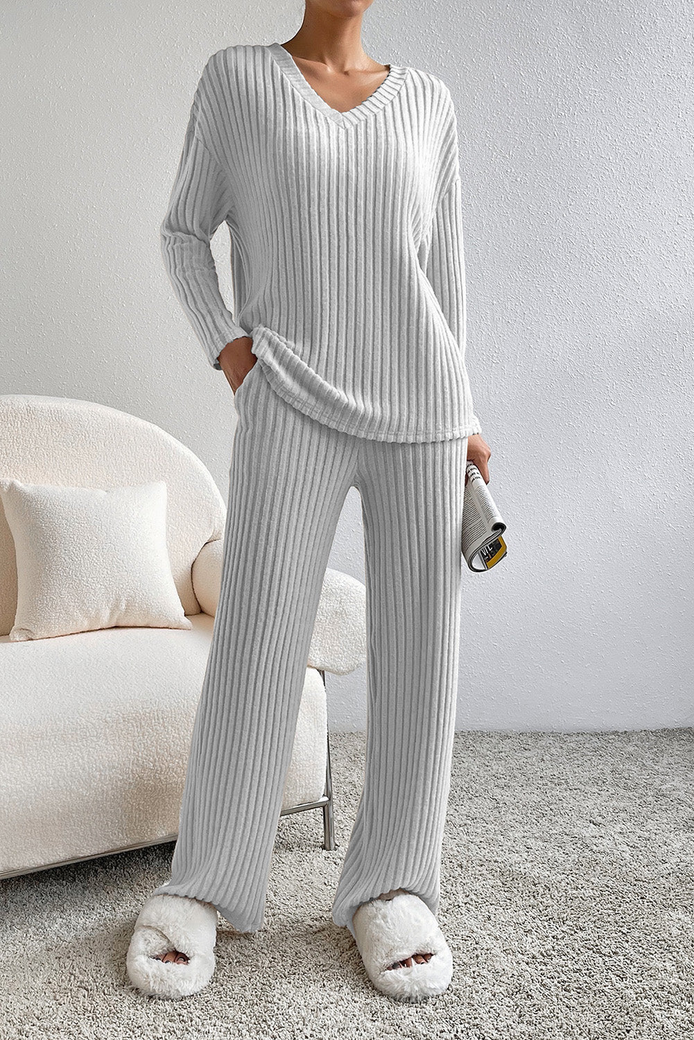 Ribbed Knit Slouchy 2-piece Long Sleeve & Pant Outfit - S2