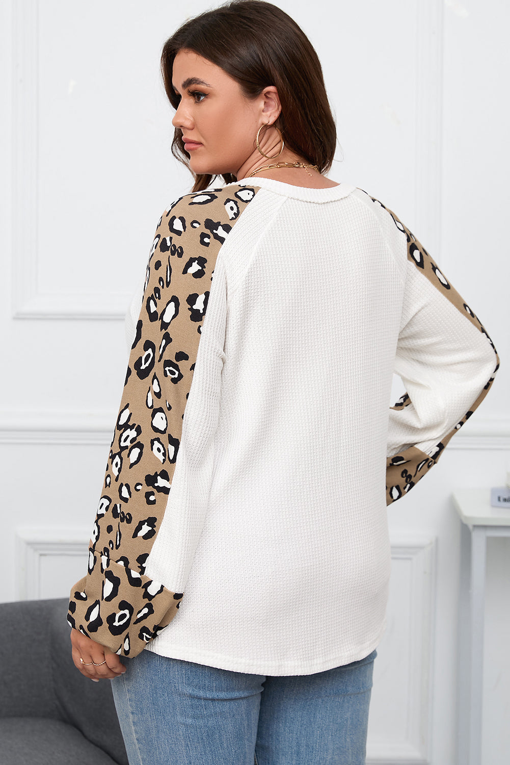 Leopard Long Sleeve White Waffle Knit Top - PS