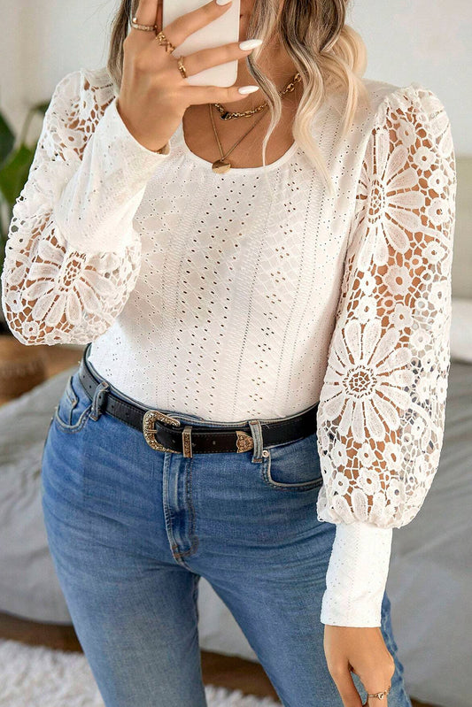 Floral Guipure Lace Long Sleeve Blouse - PS