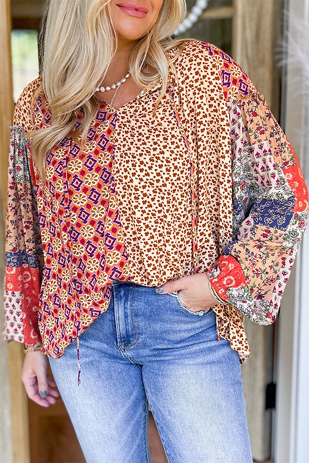 Orange Floral Patchwork Lace-up Blouse - PS