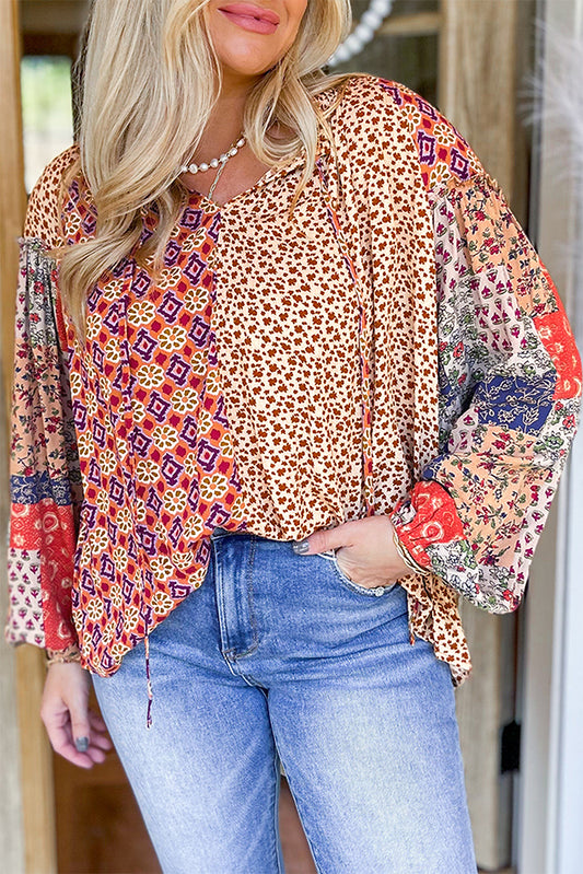 Orange Floral Patchwork Lace-up Blouse - PS