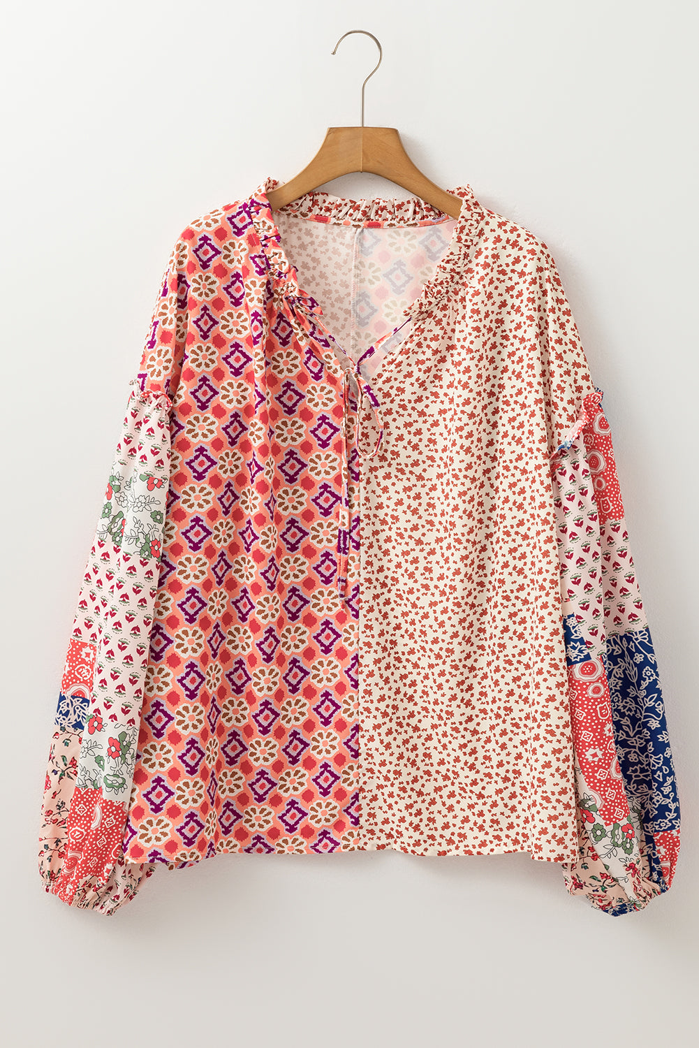 Orange Floral Patchwork Lace-up Blouse - PS