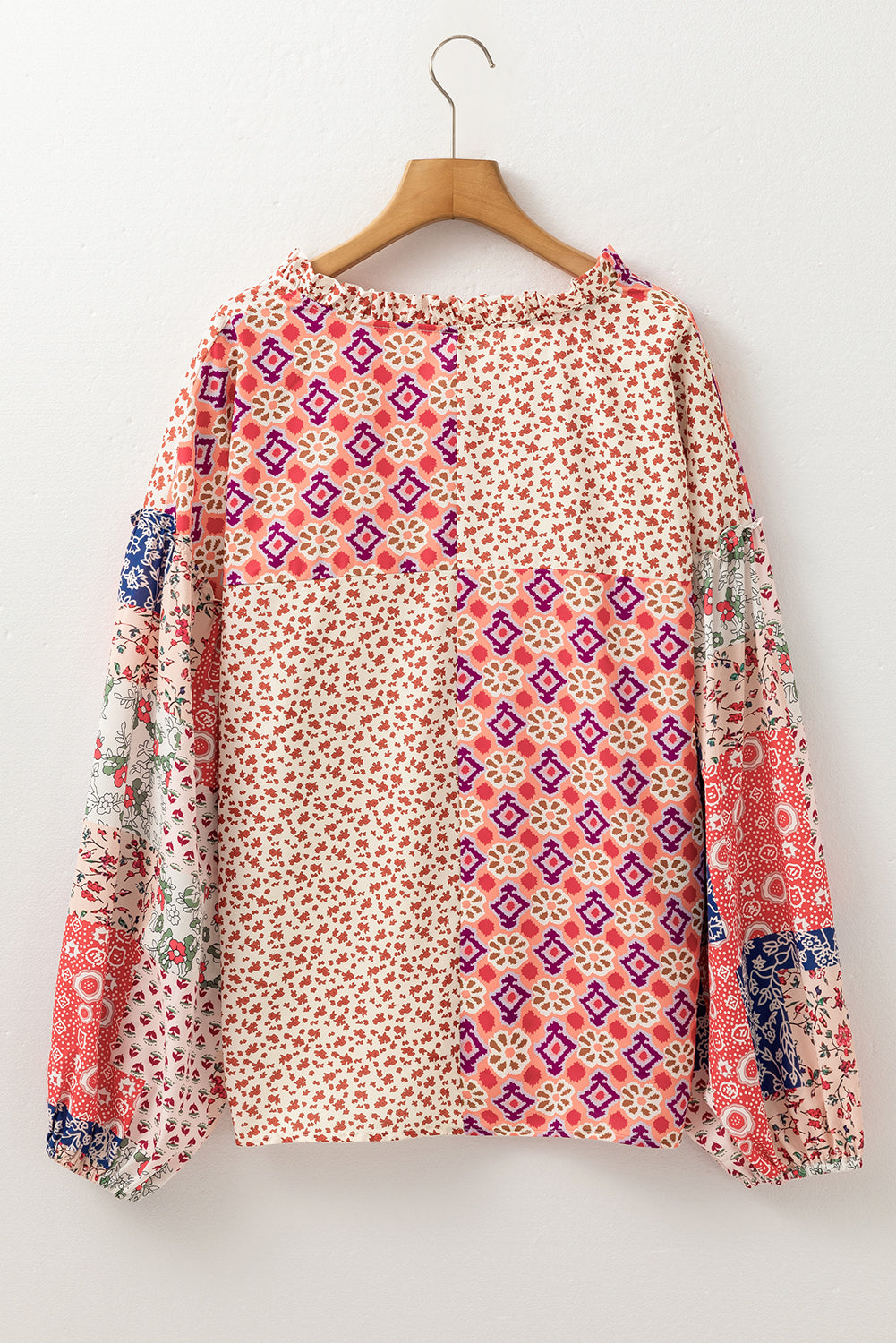 Orange Floral Patchwork Lace-up Blouse - PS