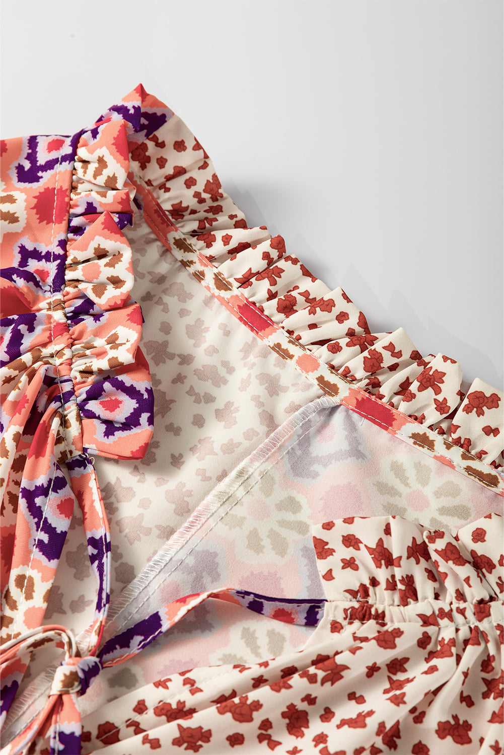 Orange Floral Patchwork Lace-up Blouse - PS