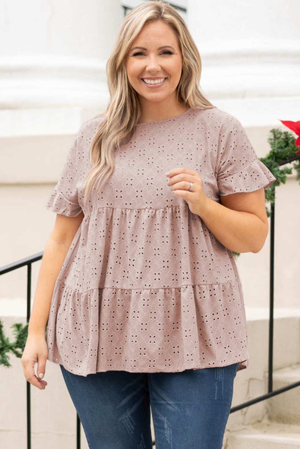 Eyelet Ruffle Sleeve Babydoll Top - PS